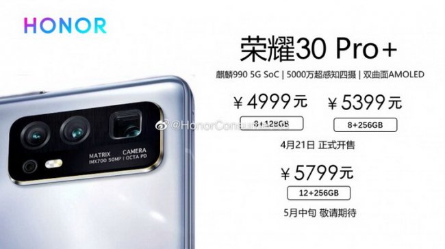 Выяснились цены и дата начала продаж смартфона Honor 30 Pro+ - «Новости сети»